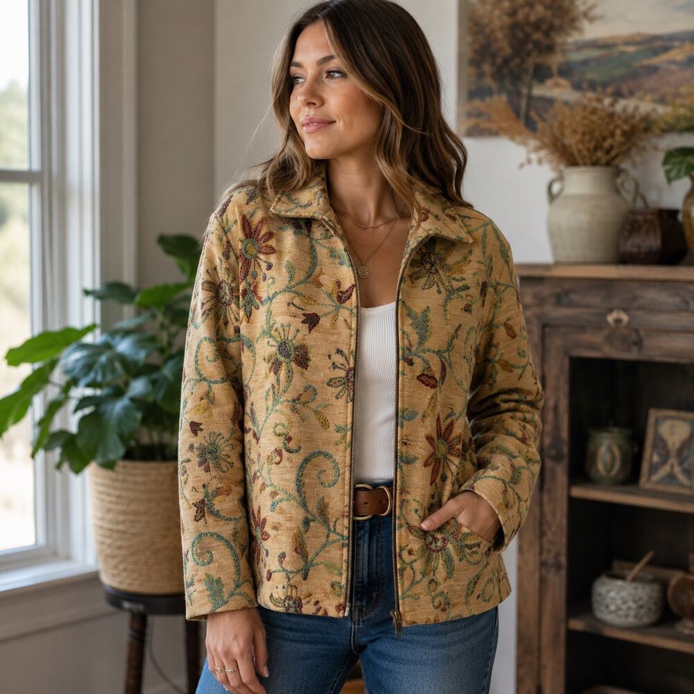 Maggie Sweet XL Tapestry Floral Jacket Boho Cottagecore Zip Front Tan Teal
